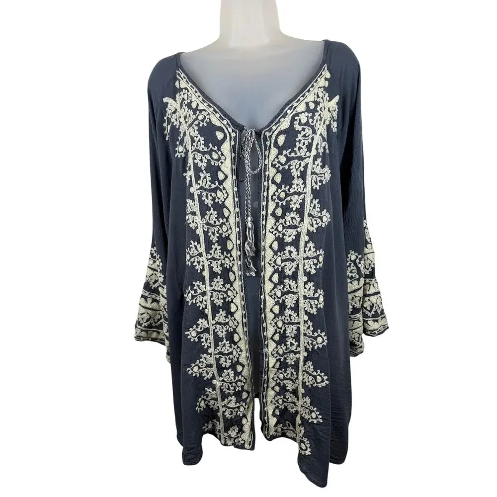 Embroidered Navy Open-Front Women's Swim Coverup Kimono - Picture 2 of 10